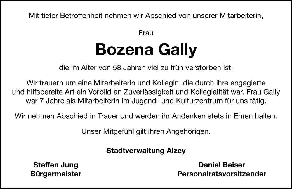  Traueranzeige für Bozena Gally vom 28.09.2024 aus Allgemeine Zeitung Alzey