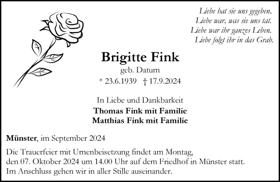 Traueranzeige von Brigitte Fink von Weilburger Tageblatt