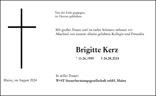 Traueranzeige von Brigitte Kerz von Allgemeine Zeitung Mainz