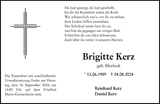 Traueranzeige von Brigitte Kerz von Allgemeine Zeitung Mainz