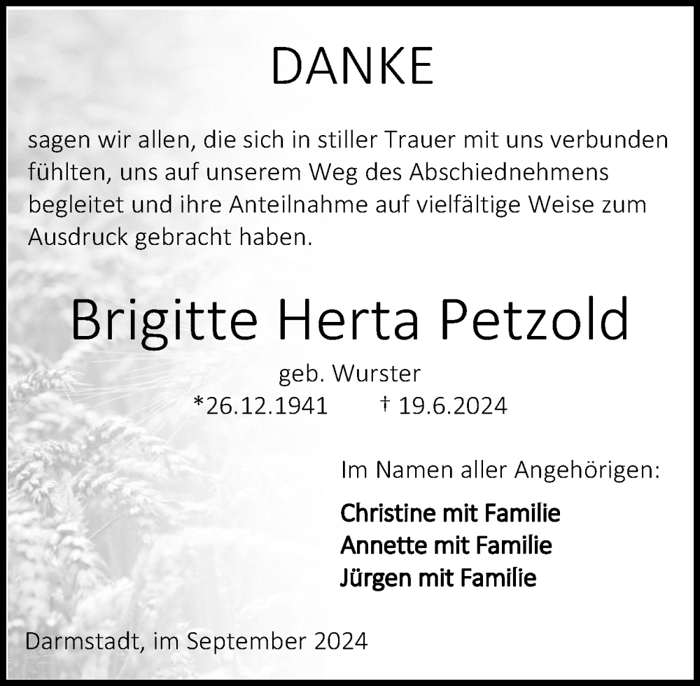  Traueranzeige für Brigitte Petzold vom 07.09.2024 aus Darmstädter Echo