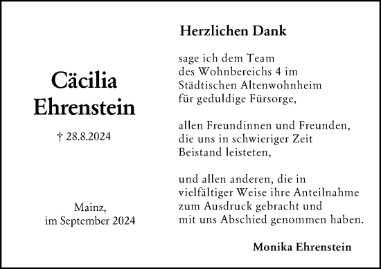 Traueranzeige von Cäcilia Ehrenstein von Allgemeine Zeitung Mainz