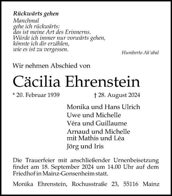 Traueranzeige von Cäcilia Ehrenstein von Allgemeine Zeitung Mainz
