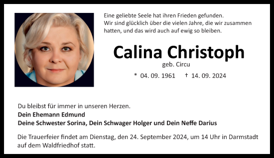 Traueranzeige von Calina Christoph von Darmstädter Echo
