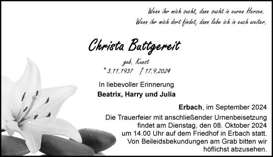 Traueranzeige von Christa Buttgereit von Camberger Anzeiger
