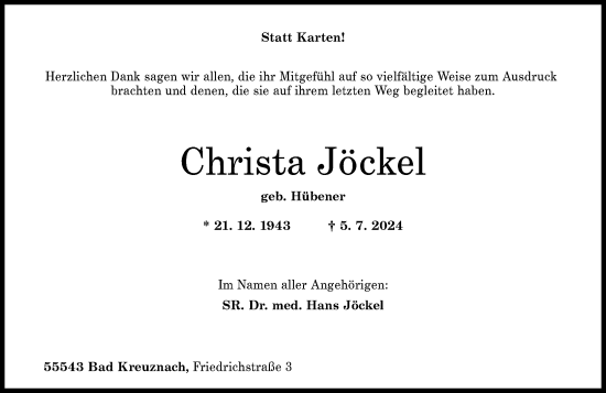 Traueranzeige von Christa Jöckel von Allgemeine Zeitung Rheinhessen-Nahe