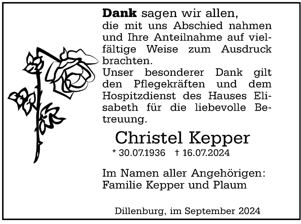  Traueranzeige für Christel Kepper vom 21.09.2024 aus Dill Block