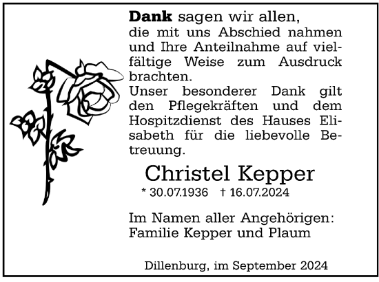 Traueranzeige von Christel Kepper von Dill Block