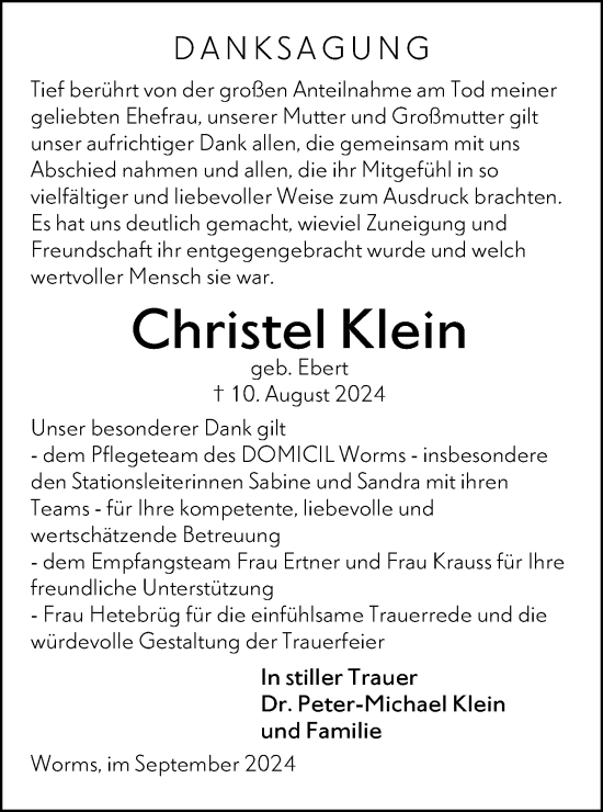 Traueranzeige von Christel Klein von Wormser Zeitung