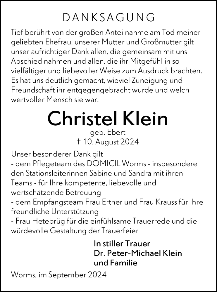  Traueranzeige für Christel Klein vom 28.09.2024 aus Wormser Zeitung