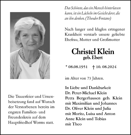 Traueranzeige von Christel Klein von Wormser Zeitung