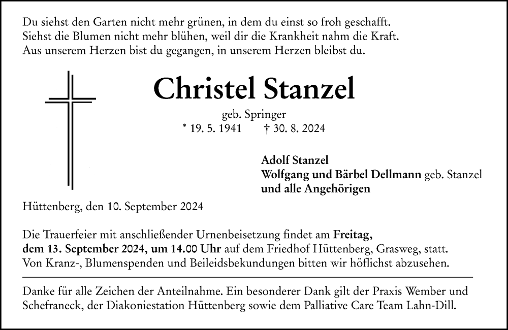  Traueranzeige für Christel Stanzel vom 10.09.2024 aus Wetzlarer Neue Zeitung