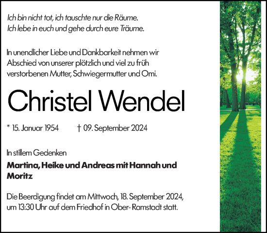 Traueranzeige von Christel Wendel von Darmstädter Echo