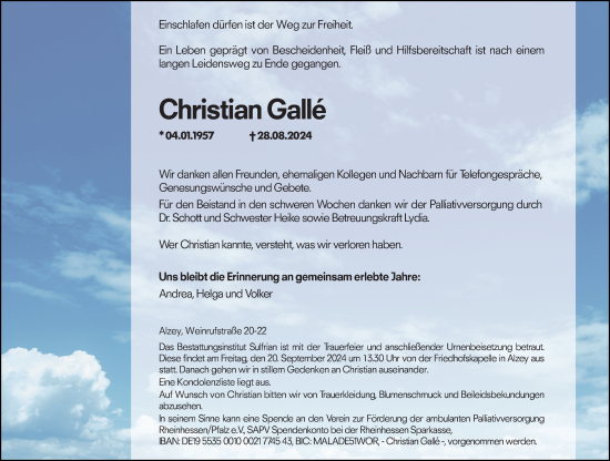 Traueranzeige von Christian Galle von Allgemeine Zeitung Alzey