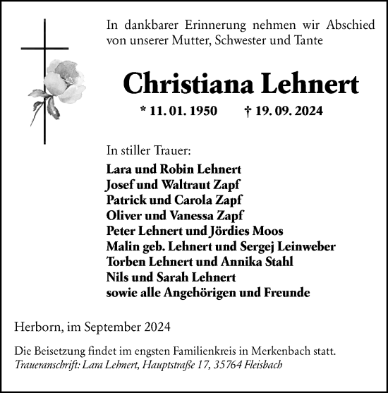 Traueranzeige von Christiana Lehnert von Dill Block
