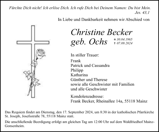 Traueranzeige von Christine Becker von Allgemeine Zeitung Mainz