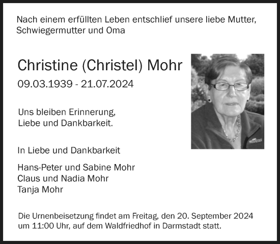 Traueranzeige von Christine Mohr von Darmstädter Echo