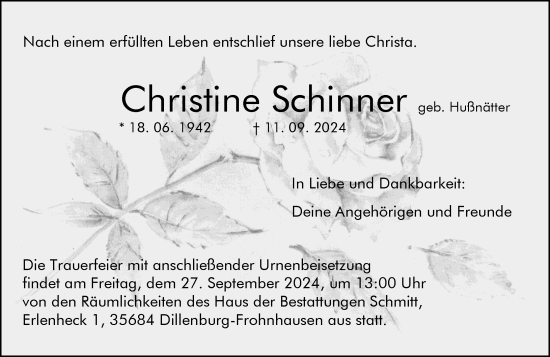 Traueranzeige von Christine Schinner von Dill Block