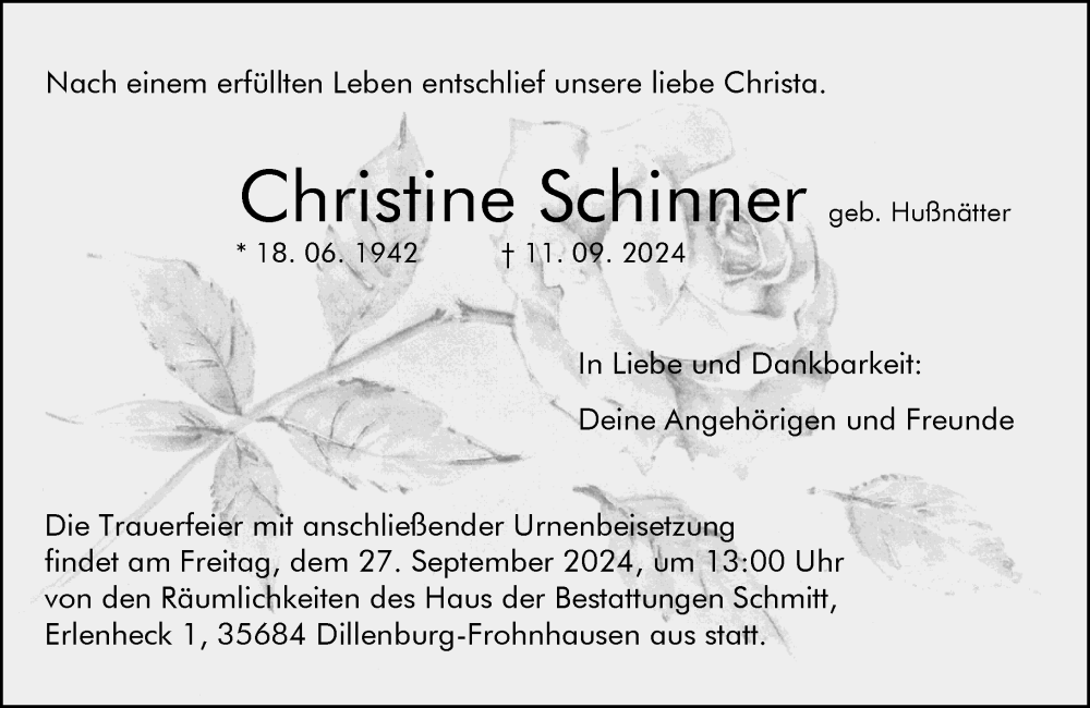  Traueranzeige für Christine Schinner vom 24.09.2024 aus Dill Block