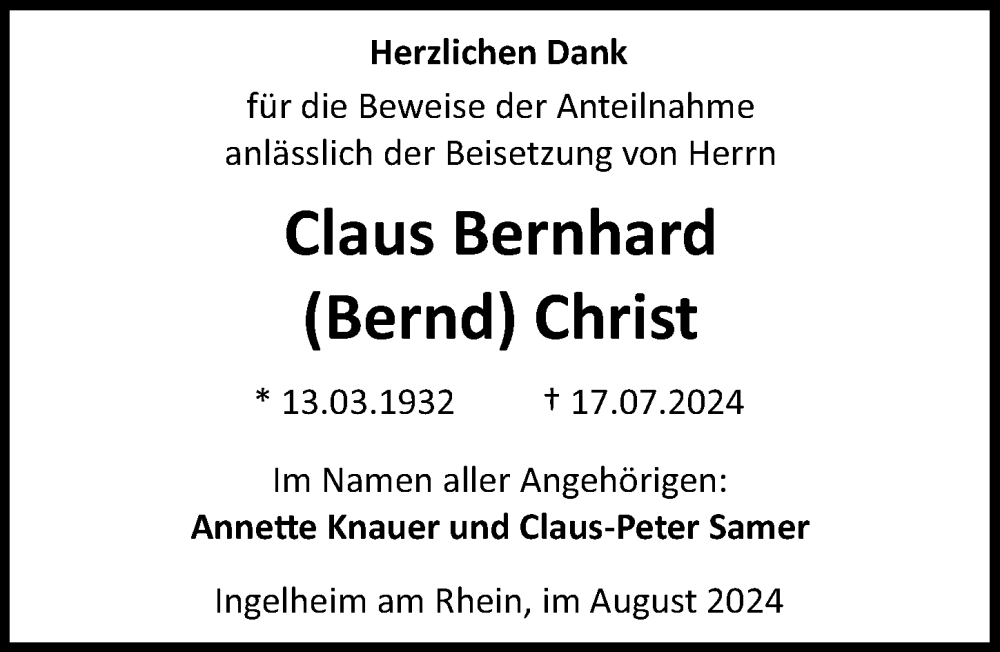  Traueranzeige für Claus Bernhard Christ vom 07.09.2024 aus Allgemeine Zeitung Rheinhessen-Nahe