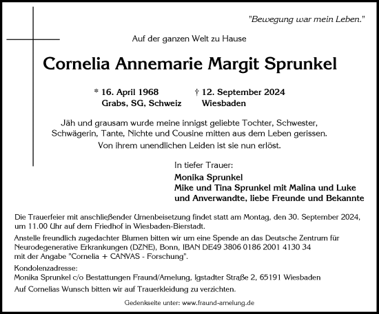 Traueranzeige von Cornelia Annemarie Margit Sprunkel von Wiesbadener Kurier