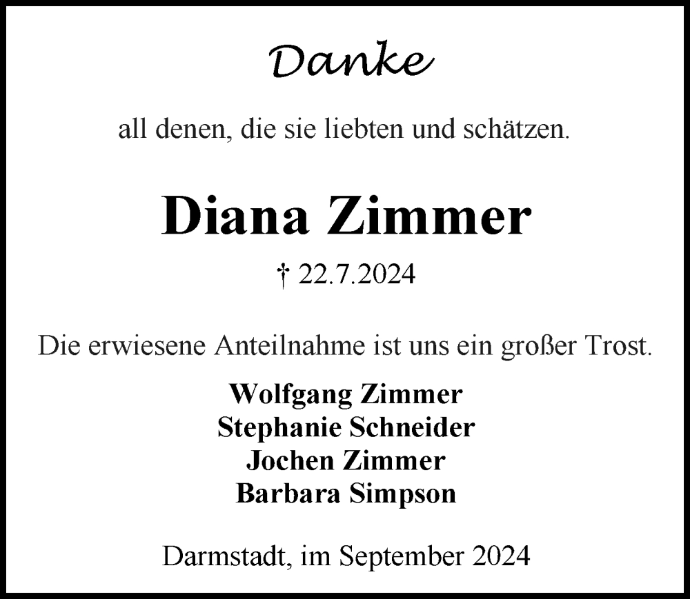  Traueranzeige für Diana Zimmer vom 07.09.2024 aus Darmstädter Echo