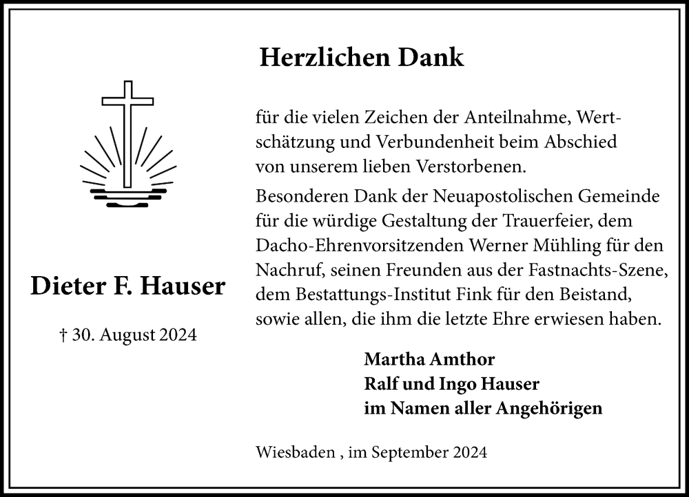  Traueranzeige für Dieter Hauser vom 28.09.2024 aus Wiesbadener Kurier