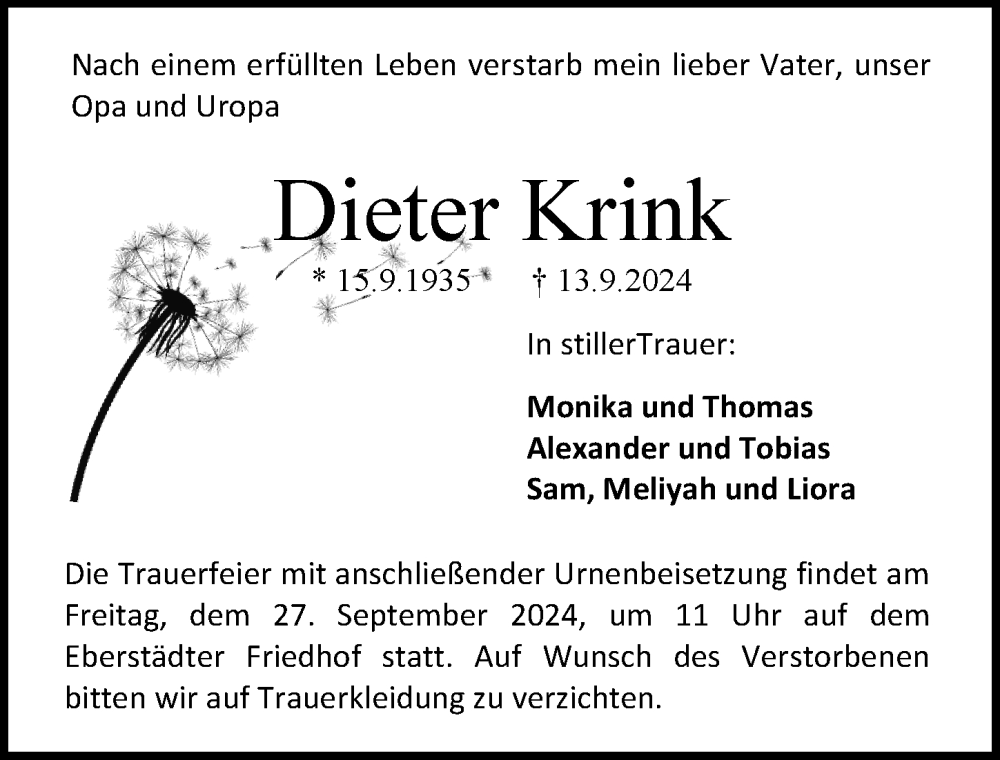  Traueranzeige für Dieter Krink vom 21.09.2024 aus Darmstädter Echo