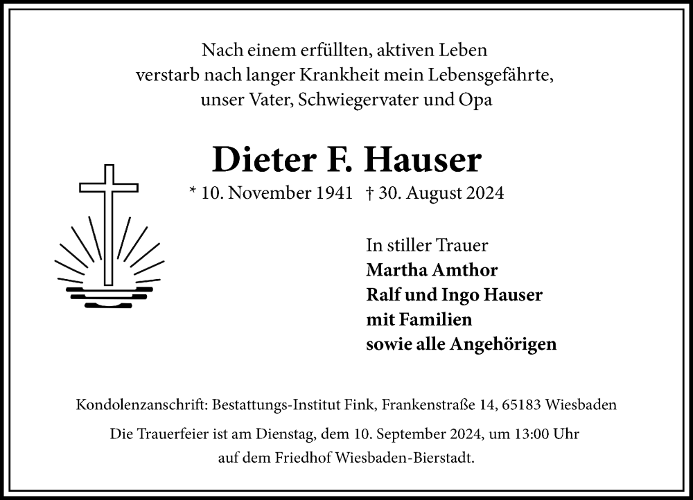  Traueranzeige für Dieter F. Hauser vom 07.09.2024 aus Wiesbadener Kurier