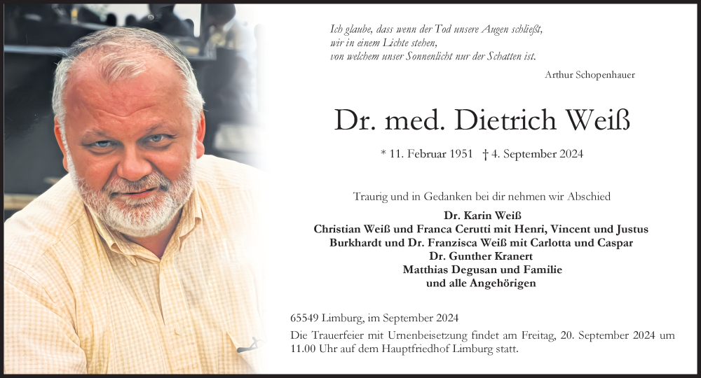  Traueranzeige für Dietrich Weiß vom 14.09.2024 aus Weilburger Tageblatt