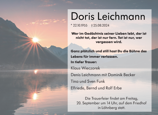 Traueranzeige von Doris Leichmann von Weilburger Tageblatt
