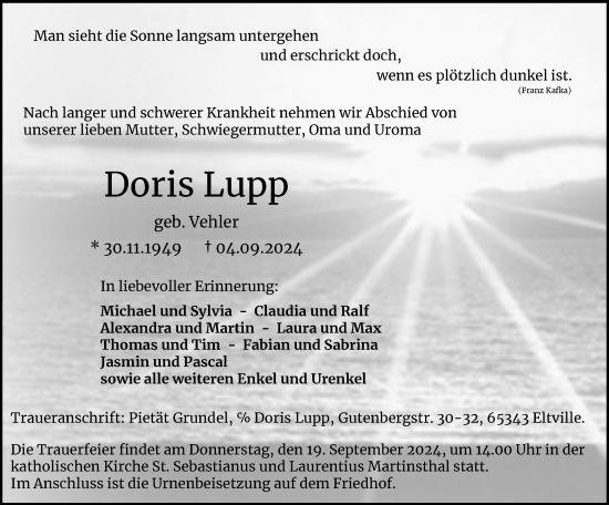 Traueranzeige von Doris Lupp von Rheingau Kurier