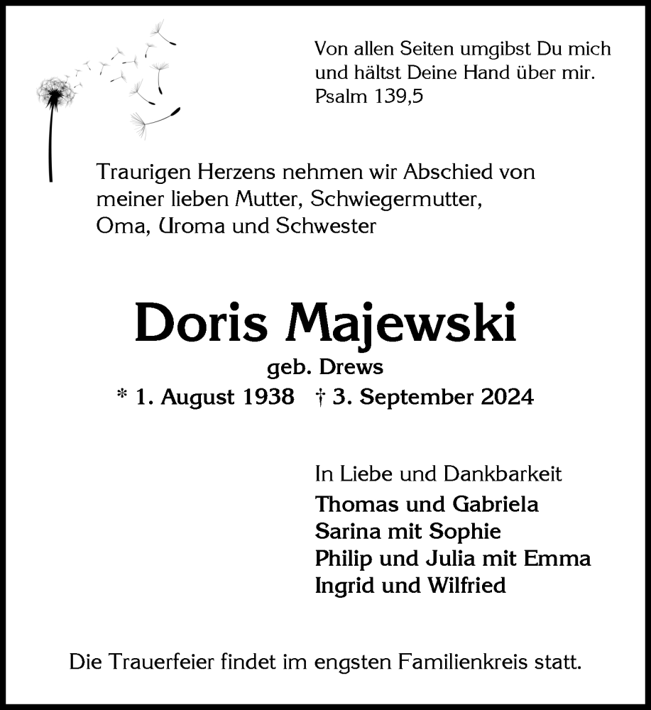  Traueranzeige für Doris Majewski vom 07.09.2024 aus Wiesbadener Kurier
