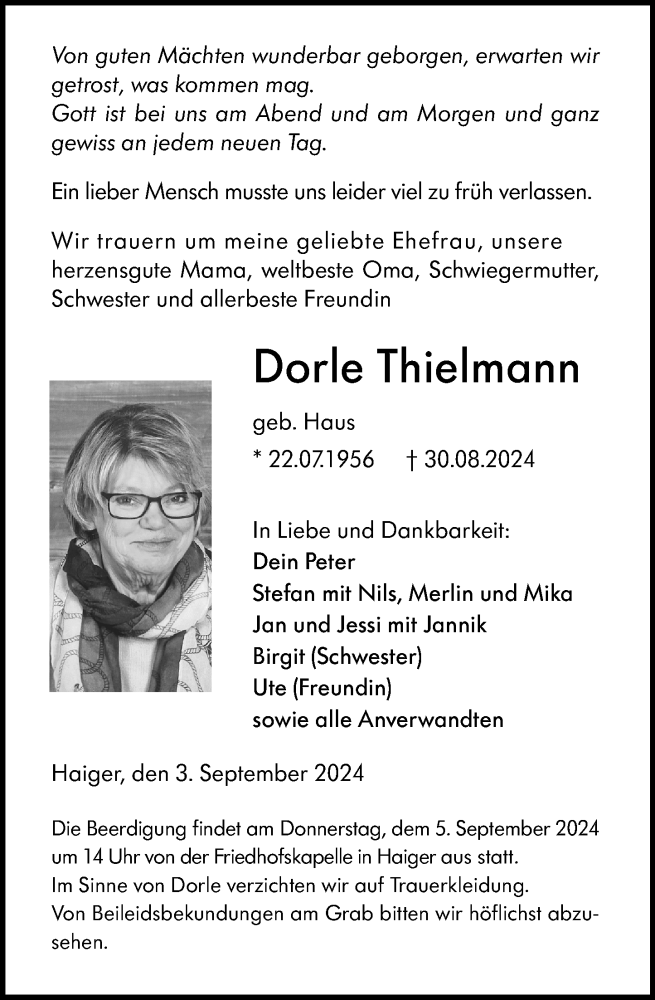  Traueranzeige für Dorle Thielmann vom 03.09.2024 aus Dill Block
