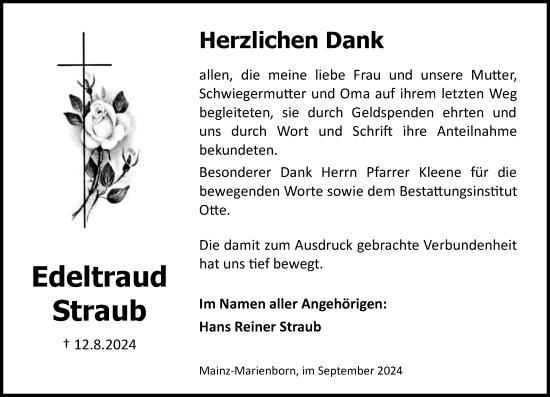 Traueranzeige von Edeltraud Straub von Allgemeine Zeitung Mainz