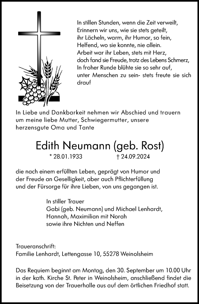  Traueranzeige für Edith Neumann vom 28.09.2024 aus Allgemeine Zeitung Mainz
