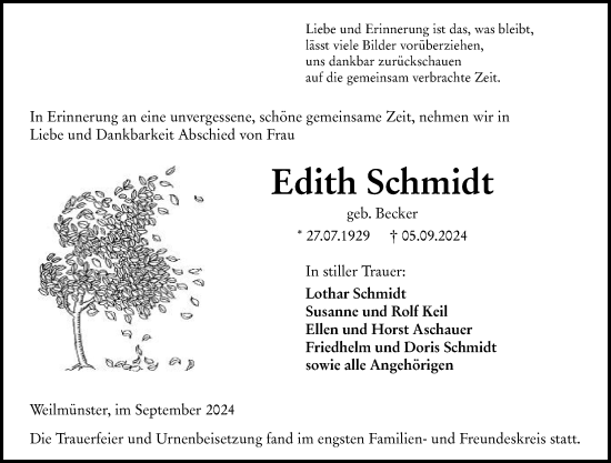 Traueranzeige von Edith Schmidt von Weilburger Tageblatt