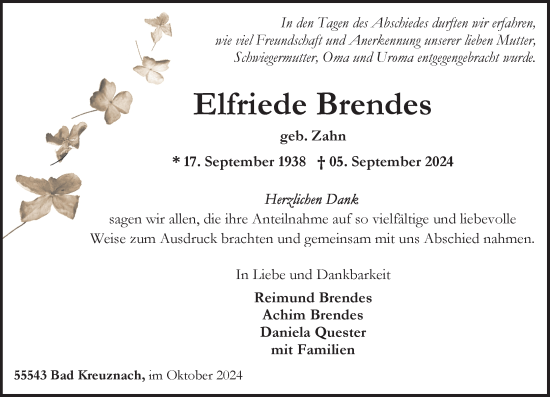 Traueranzeige von Elfriede Brendes von Allgemeine Zeitung Rheinhessen-Nahe