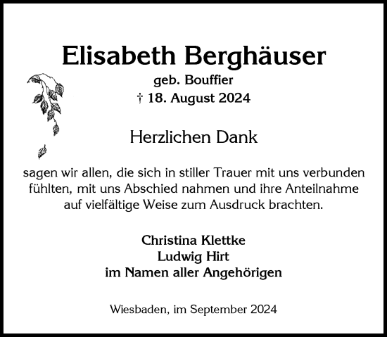 Traueranzeige von Elisabeth Berghäuser von Wiesbadener Kurier