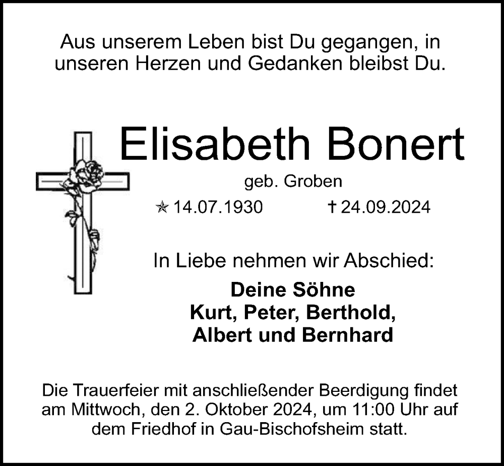 Traueranzeige für Elisabeth Bonert vom 28.09.2024 aus Allgemeine Zeitung Mainz