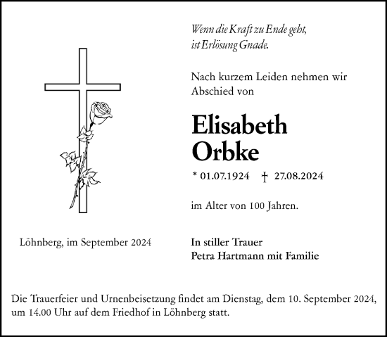 Traueranzeige von Elisabeth Orbke von Weilburger Tageblatt