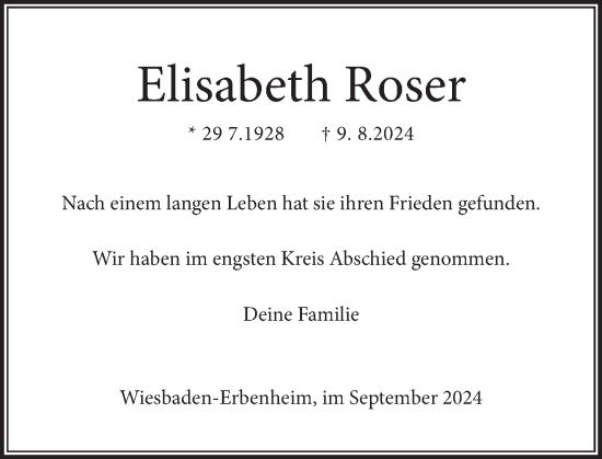 Traueranzeige von Elisabeth Roser von Wiesbadener Kurier