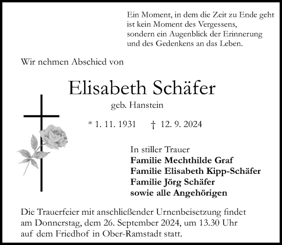 Traueranzeige von Elisabeth Schäfer von Darmstädter Echo