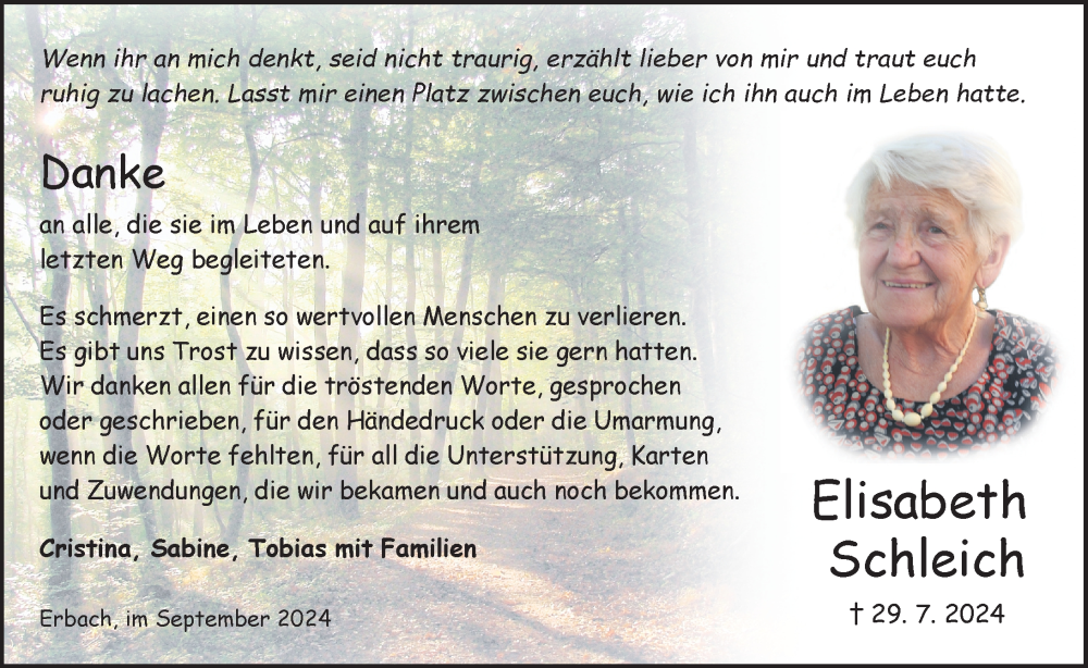  Traueranzeige für Elisabeth Schleich vom 28.09.2024 aus Odenwälder Echo