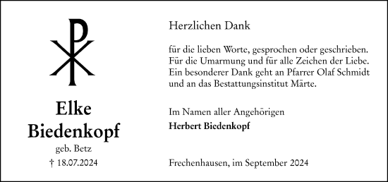 Traueranzeige von Elke Biedenkopf von Hinterländer Anzeiger