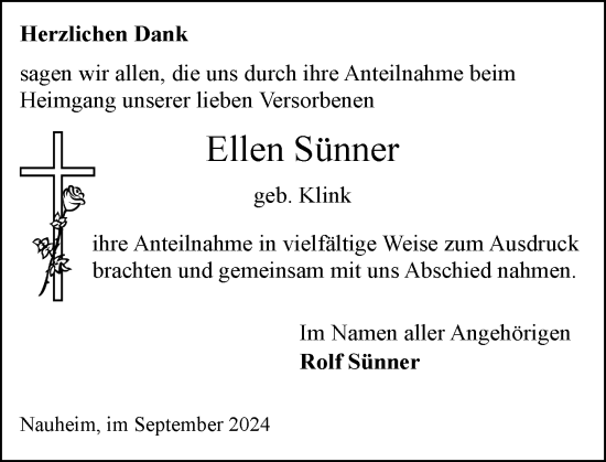 Traueranzeige von Ellen Sünner von Rüsselsheimer Echo