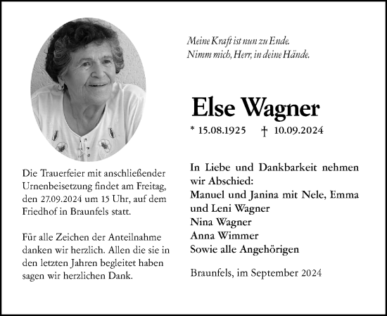 Traueranzeige von Else Wagner von Wetzlarer Neue Zeitung