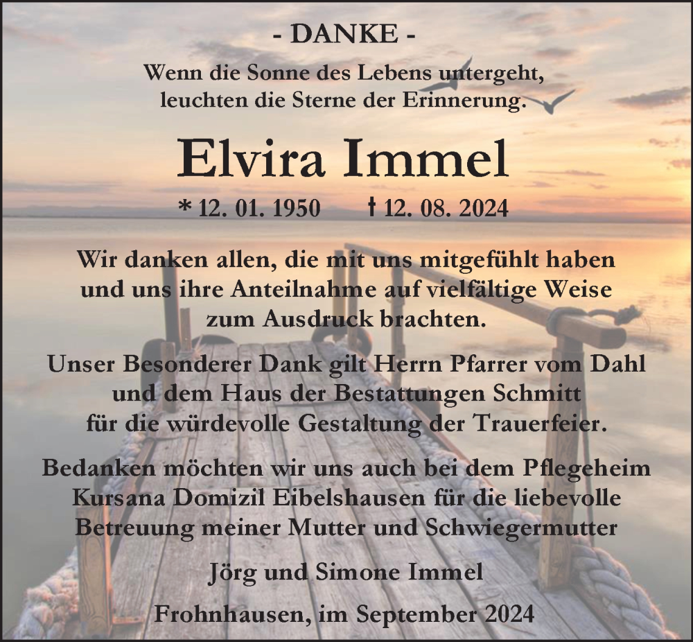  Traueranzeige für Elvira Immel vom 14.09.2024 aus Dill Block
