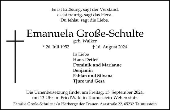 Traueranzeige von Emanuela Große-Schulte von Idsteiner Land/Untertaunus
