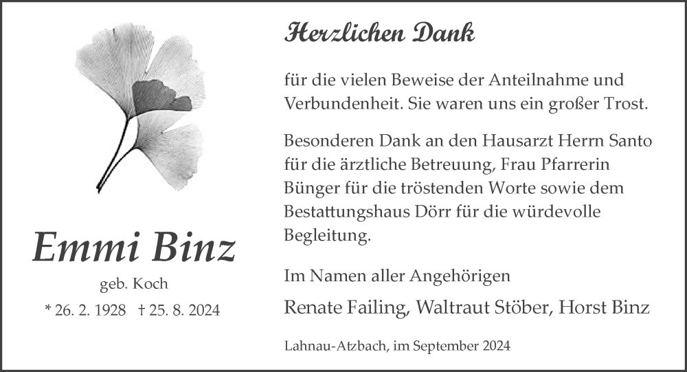  Traueranzeige für Emmi Binz vom 13.09.2024 aus Wetzlarer Neue Zeitung
